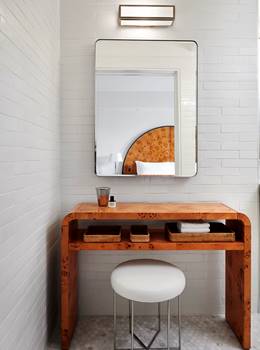 Vanity stand and mirror in bathroom
